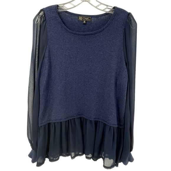 DG2 by Diane Gilman Navy Blue Blouson Chiffon Sleeve Peplum Blouse - Sz M - Picture 1 of 15